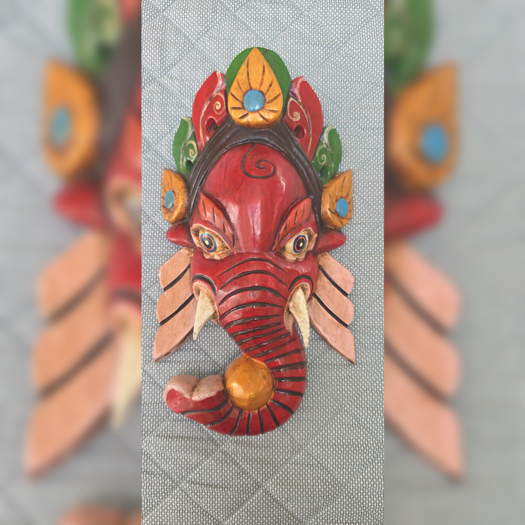Ganesh Handmade Wooden Hanging Mask Made in Nepal - 12 Inches
